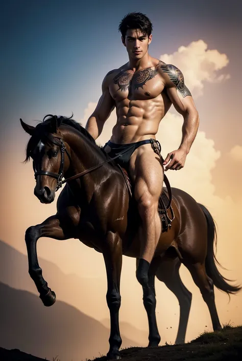 (a muscular male young centaur), solo, handsome face, perfect facial features, short hairstyle, bare muscular torso, four legs, (half human half horse centaur), [nature:fantasy], beautiful, gorgeous, wet, digital painting, fine art, digital art, magical, m...