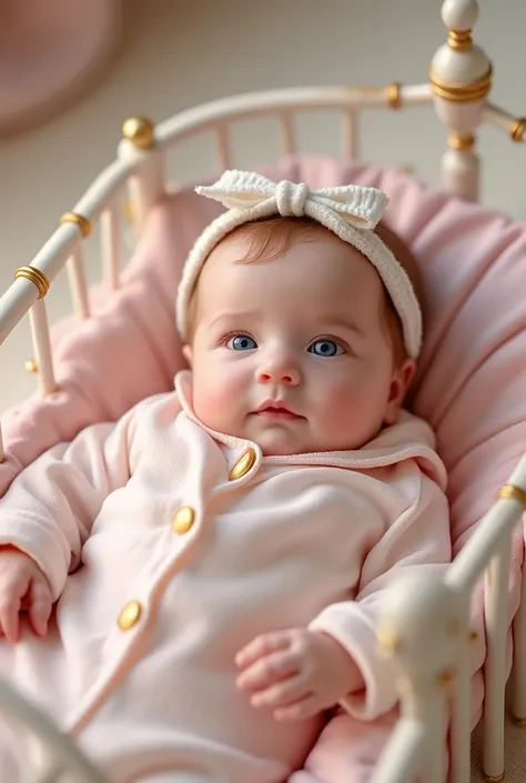 a newborn baby girl with beautiful blue eyes, wearing a very cute and adorable outfit with a bow on her head, lying in a crib decorated with gold accents, (best quality,4k,8k,highres,masterpiece:1.2),ultra-detailed,(realistic,photorealistic,photo-realistic...