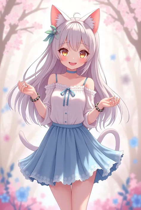 Create an anime style neko girl wearing a short blue skirt