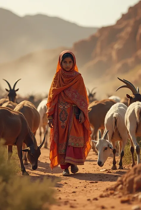 Marwadi girl rearing goat