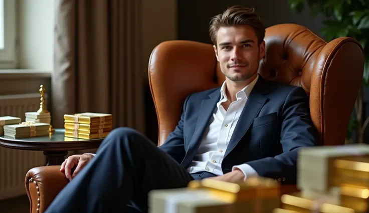 Young, well-dressed man sitting in a leather chair surrounded by bundles of dollars and gold bars.