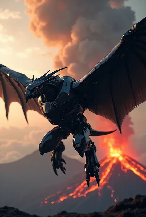 Black robotic vulture zord with giant wings flying in front of a volcano 