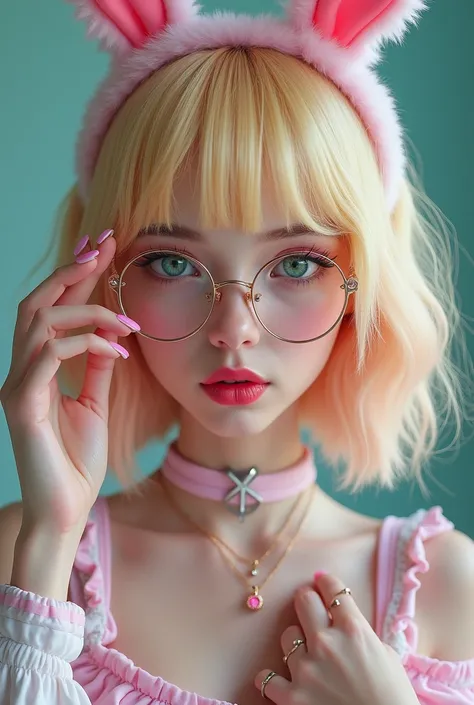 create a girl with half blonde and half pink hair, with a bob on her head, one on her eyebrows and another on her double labret, wearing a bunny outfit with glasses making a corner with her chest and with glasses, with the camera closer to her face and wit...