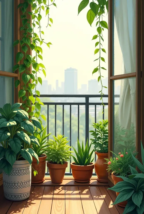 morning、Houseplants on the balcony at home。Rough illustration style。
