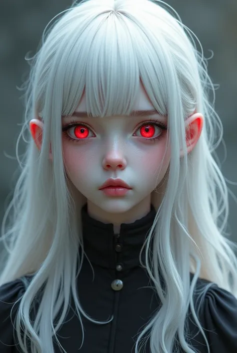 1 girl, 2,  Solo, High resolution, white hair, Long hair, Bangs, Red eyes, Masterpiece, Accurate, Best quality,  Anatomically correct, Detail, HD model, High detail, High quality, Quality, Super detail, Textured skin, Ultra HD, gothic 