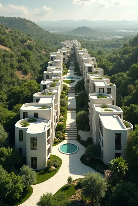 I need collective housing on a hectare in the shape of a V, aerial view inspired by the architecture of Ricardo Bofill, which is stepped down with green areas and terraces with a central patio.
