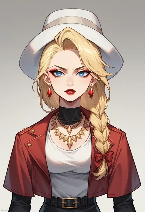 Solo female,fashion desinger, Blonde long hair, Her hair is tied in a low braided ponytail, Blue eyes, Red eye shadow and lipstick, Gold dangling earrings, A hat with a black and red stripe, A dark red jacket, a belt on it, Black miniskirt, A stone necklac...