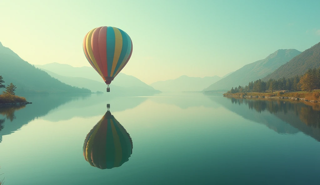 (Abstract surrealist photo:1.4) photo of a hot air balloon floating over a still lake, (its reflection creating a bizarre and gigantic figure in the water:1.5), wide framing, soft and even lighting, high-angle shot, on a Pentax 67 with a polarizing filter,...