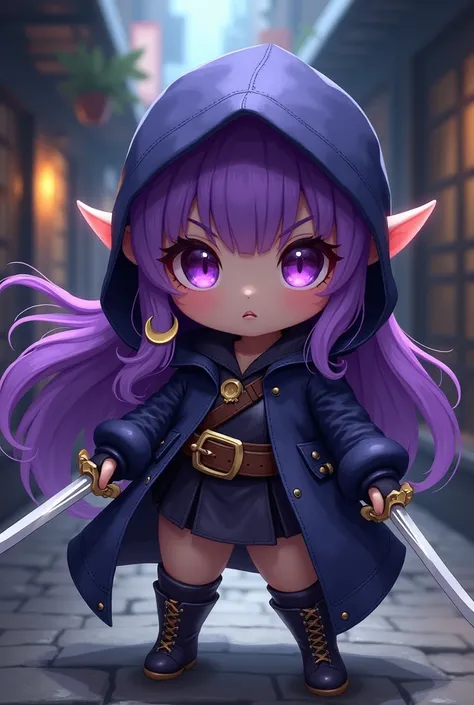 Long purple haired rogue elf with two daggers, hooded cloak, chubby girl in an alley, Half moon earrings, アニメ, 