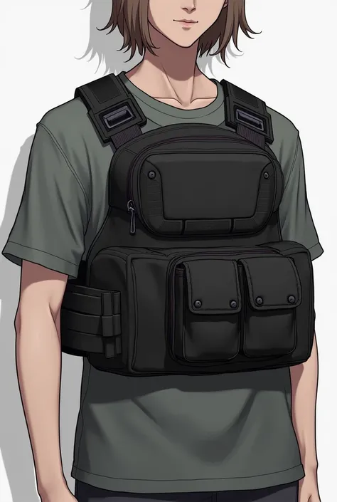 A breastplate/bag that is attached to the chest, that has a sporty and military style at the same time a small bib of approximately 30x26 That is black that has 3 pockets that is half the body up 