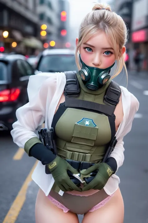 ((Highest quality)), ((masterpiece)), (detailed), high ponytail, ((Blonde)), Beautiful girl, erect penis, , open crotch panty, Cute Eyes, Green eyes, False eyelashes, (((Watery eye))), (Blushed:1.3), white skin, (soldier:1.4),  holding gas mask, ((bulge)),...