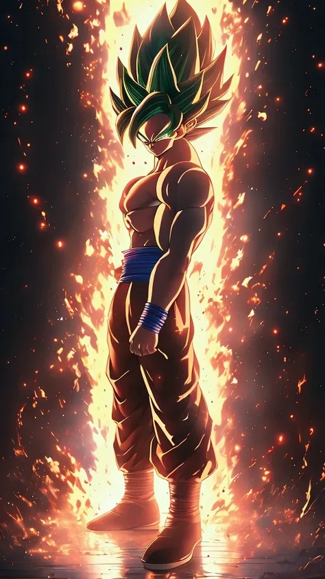 a muscular super saiyan 3 character from dragon ball super, full body illustration, soft lighting, soft details, oil painting on...