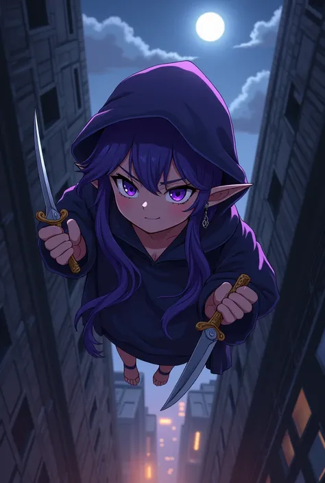 Long purple haired rogue elf with two daggers, hooded cloak, chubby, high in an alley, Half moon earrings, アニメ, 