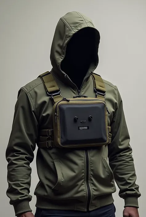 A breastplate/bag that is attached to the chest, that has a sporty and military style at the same time a small bib of approximately 30x26 That is black that is small