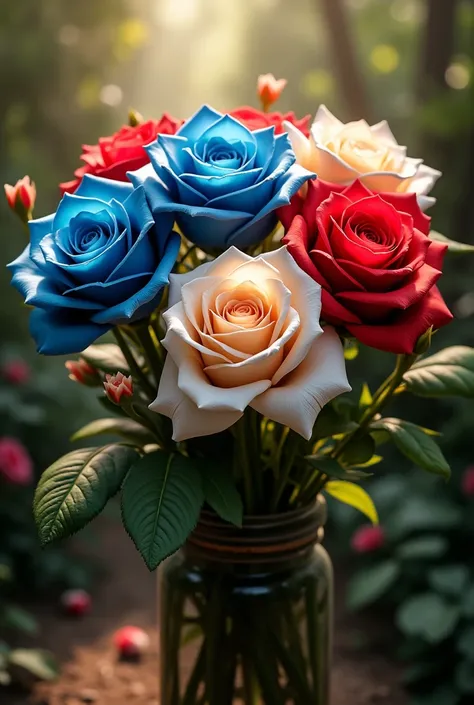 (Generates an image of a bouquet of eternal roses in the style of the Guatemalan flag)