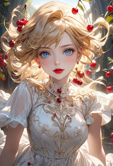 Full high resolution and detail. (Masterpiece), (hyperrealistic character) exuberant Ultra highly detailed, intricate motif, sunlight, A captivating light fantasy featuring a stylish young a beautiful female, she has golden hair, she has blue eyes, red lip...