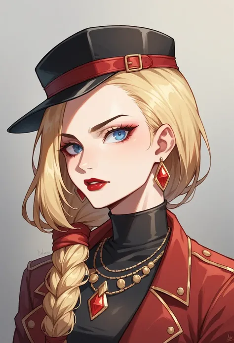 Solo female,fashion desinger, Blonde long hair, Her hair is tied in a low braided ponytail, Blue eyes, Red eye shadow and lipstick, Gold dangling earrings, A hat with a black and red stripe, A dark red jacket, a belt on it, Black miniskirt, A stone necklac...