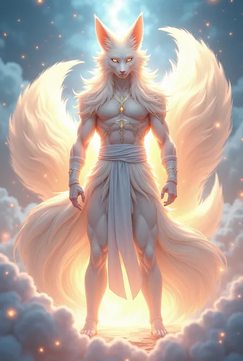 General appearance: The kitsune must have a human male appearance., with a style of exuberant and imposing beauty. Your body is muscular and well-defined, standing out as a figure of great power and presence. body hair: Long and white, fluid and shiny. Hai...