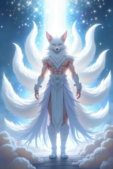 General appearance: The kitsune must have a human male appearance., with a style of exuberant and imposing beauty. Your body is muscular and well-defined, standing out as a figure of great power and presence. body hair: Long and white, fluid and shiny. Hai...