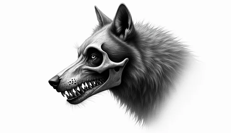 a wolf&#39;s head seen from a side position looking slightly downwards, The dead wolf&#39;s head has half of the wolf&#39;s skull exposed., you can see his skull, jaw and teeth in the bone, because half of his face has no skin and it has slipped off leavin...