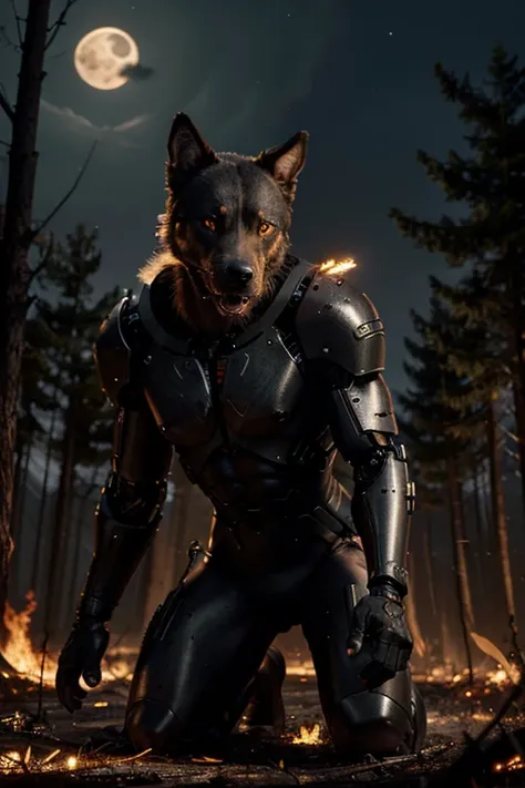 A cyborg dog that hunts a werewolf through a burned or burning forest at night under a full moon.
High resolution, 