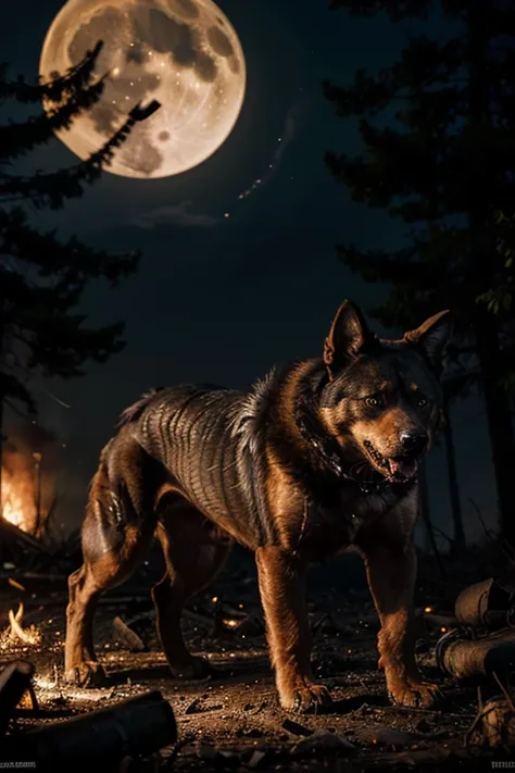 A cyborg dog that hunts a werewolf through a burned or burning forest at night under a full moon.
High resolution, 