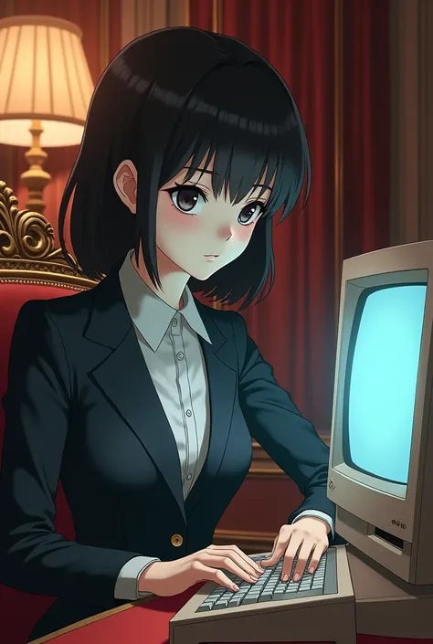 Teenage girl,Caucasian skin,dark hair, black eye, vestindo um terno, messing with an Apple computer, in a fancy room,アニメ
