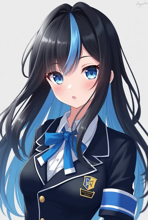 As a black-haired girl with two loose locks of light blue hair on her face and light blue eyes with the UA uniform