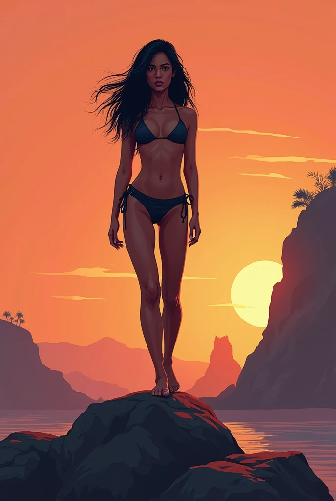 svg art, comic art, "only 4 colors used", gorgeous indian teen, dark black skin, skinny body, bikini, dark makeup, sexy pose on a rock