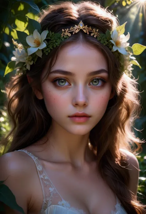 1girl, Backlight, a girl in a backlit garden, beautiful detailed eyes, beautiful detailed lips, extremely detailed eyes and face, long eyelashes, detailed skin, delicate facial features, floral crown, ethereal, soft lighting, glowing skin, cinematic, drama...