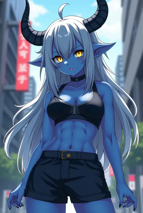 Oni girl, blue skin, slightly muscular body, long messy silver hair, sharp yellow eyes, round eyebrows, one horn, wearing modern sporty clothes, in anime style 