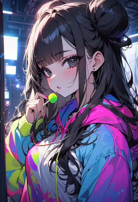 ((best quality)), ((Masterpiece)), (details), Young woman, (Medium bust, black hair, black eyes, ((long hair, buns)) ,(Bangs) , curve, beautiful face, Beautiful skin , Long eyelashes, Thick eyelashes), Atmospheric view,Fluorescent Light, colorful hoodies, ...