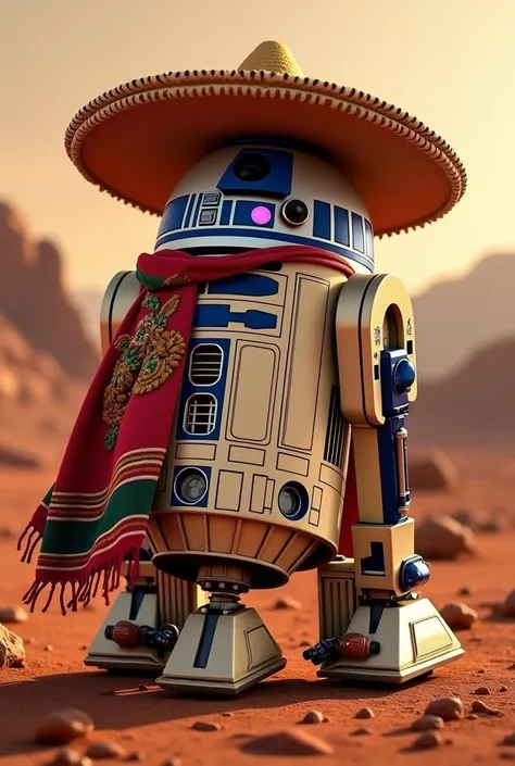 Make a picture of r2d2 dressed as a charro on mars