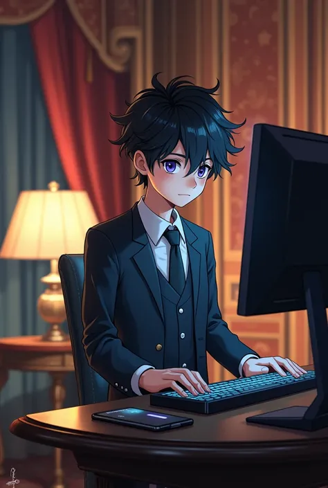 teenage boy,Caucasian skin,dark hair, black eye, vestindo um terno, messing around with a modern computer, in a fancy room,アニメ
