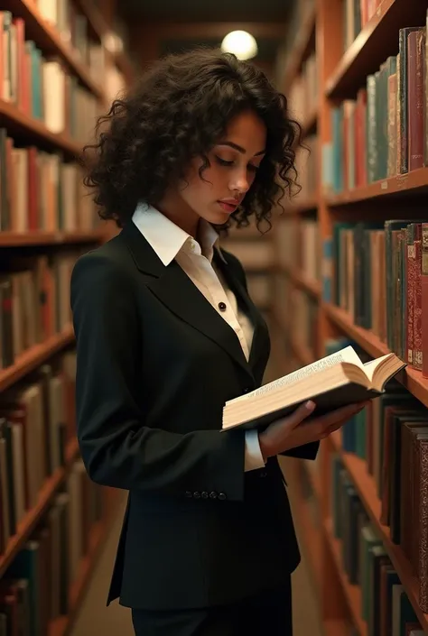 A Brazilian woman, in a bookstore.
She has curly hair, Caucasian skin, Thin chin and elongated face, dresses formally 