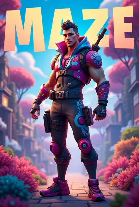 A picture in Fortnite graphics where a male Fortnite skin can be seen and on the picture the name Maze should be written large and clearly