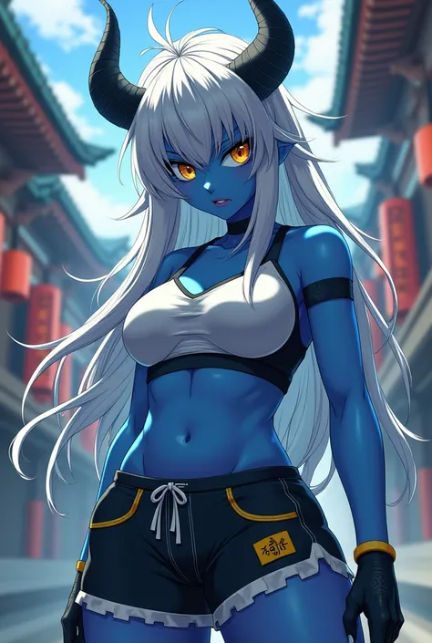 Oni girl, blue skin, slightly muscular body, tall, large, long messy silver hair, sharp yellow eyes, round eyebrows, one large horn, wearing modern sporty clothes, in anime style 