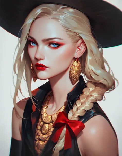 Solo female,fashion desinger, Blonde long hair, Her hair is tied in a low braided ponytail, Blue eyes, Red eye shadow and lipstick, Gold dangling earrings, A hat with a black and red stripe, A dark red jacket, a belt on it, Black miniskirt, A stone necklac...