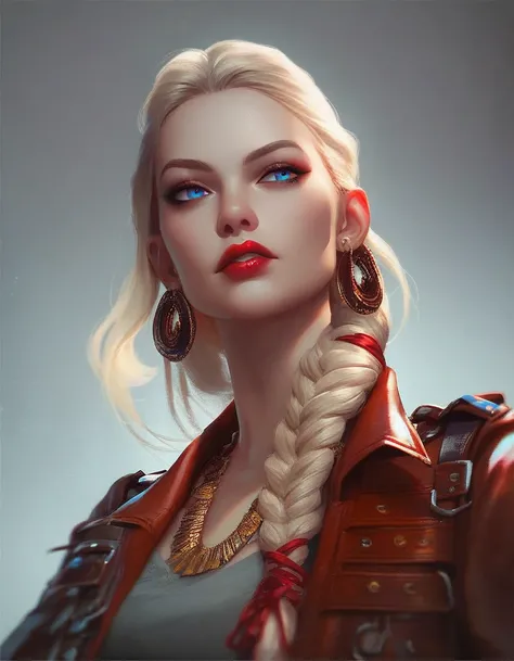 Solo female,fashion desinger, Blonde long hair, Her hair is tied in a low braided ponytail, Blue eyes, Red eye shadow and lipstick, Gold dangling earrings, A hat with a black and red stripe, A dark red jacket, a belt on it, Black miniskirt, A stone necklac...