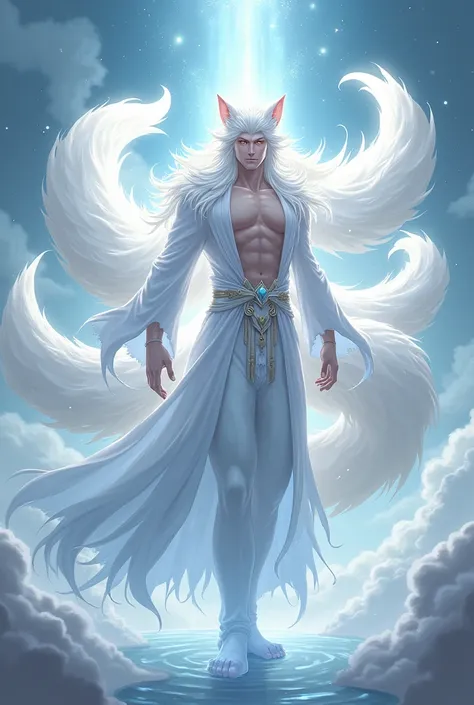 General appearance: The kitsune must have a human male appearance., with a style of exuberant and imposing beauty. Your body is muscular and well-defined, standing out as a figure of great power and presence. body hair: Long and white, fluid and shiny. Hai...