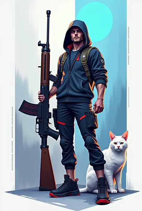 Image of the Biggie logo for the TikTok channel, the AWM weapon + M762 PUBG character my name is ZemO.o Add a cat also, the color is white, light blue and black, the style is modern  