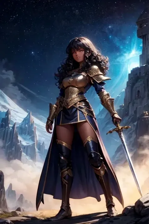 Create an image of Gabriela standing before a fortress atop a mountain, surrounded by forests and under a starry night sky. She should have dark skin, voluminous curly black hair, skin black and wear a golden armor with intricate details. Gabriela holds a ...