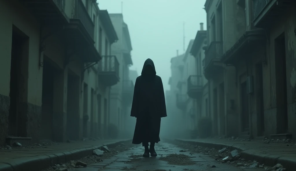 One Man Walking Alone in the street, A scene of an old and almost deserted city, in the year 2024, at midnight. A low angle from the bottom up shows a figure in a hooded cloak with no face visible walking down the street, focusing on the long shadows cast ...