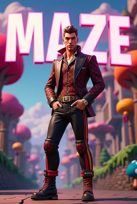 A picture in Fortnite graphics where a male Fortnite skin with Gucci clothes can be seen and on the picture the name Maze should be written large and clearly