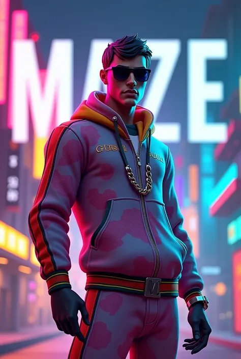 A picture in Fortnite graphics where a male Fortnite skin with Gucci tracksuit and clothes can be seen and on the picture the name Maze should be written large and clearly