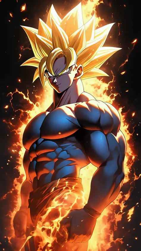 muscular super saiyan 3 character from dragon ball super, full body illustration, oil painting on canvas, octane render, hdr, tr...