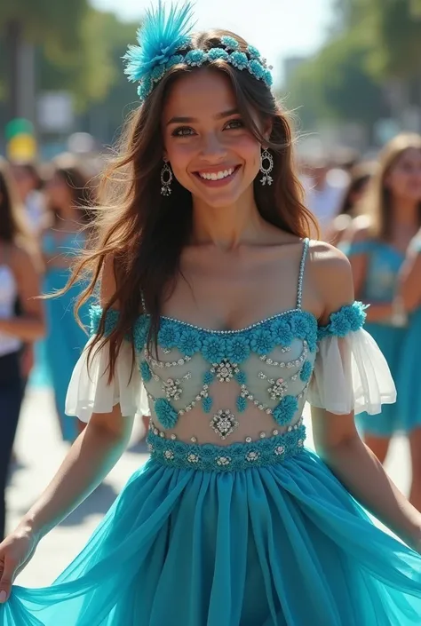 Image of young woman, Tez blanca, light eyes, with a dress in honor of the Honduran national holidays (predominant color in clothing turquoise blue and white), angelic face and participating in the commemorative parades 