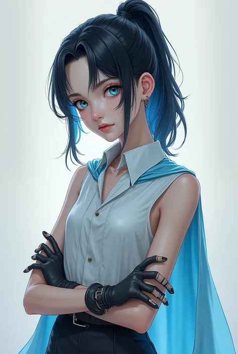 As a girl with a sleeveless white collared shirt, black fingerless gloves with skin-colored bandages on her hands, a light blue cape, her hair tied in a ponytail and two loose strands on her face, light blue and the rest black. 
