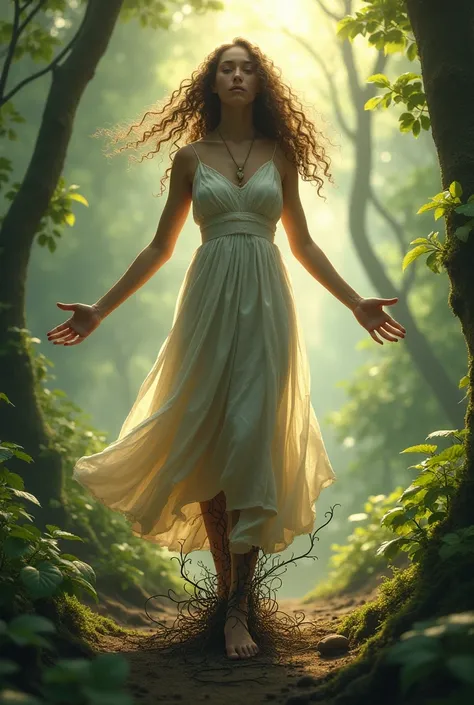 Woman with rooted feet, curly hair, arms open, feet with roots, modest clothing
