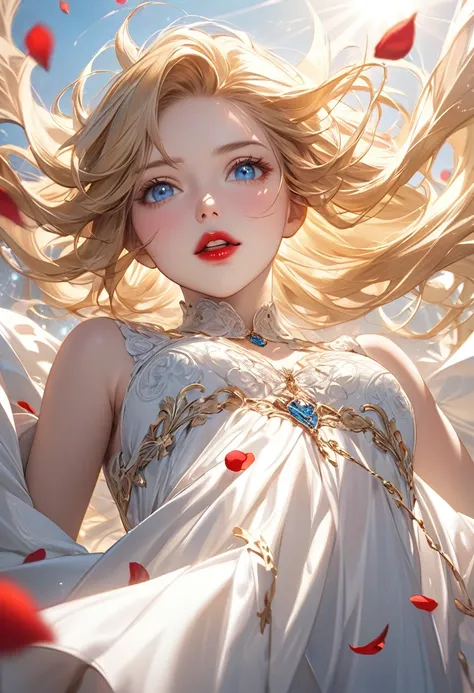 Full high resolution and detail. (Masterpiece), (hyperrealistic character) exuberant Ultra highly detailed, intricate motif, sunlight, A captivating light fantasy featuring a stylish young a beautiful female, she has golden hair, she has blue eyes, red lip...